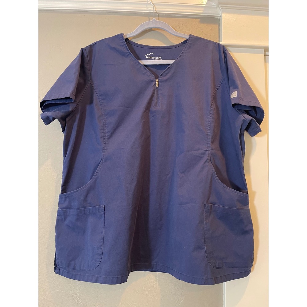 Butter-Soft Stretch Scrub Top Women 2X Navy Blue 1/4 Zip V-Neck Medical Pocket‎